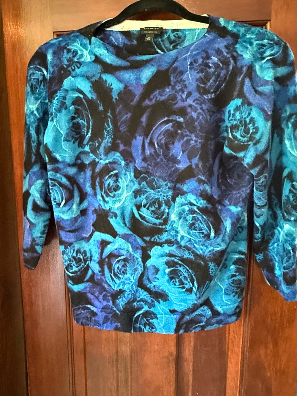 EUC Talbots Blue Floral Crewneck 100% Pure Merino Wool Women’s Top M